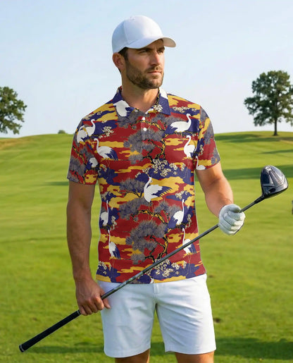 Crane Bird Polo Shirt for Men, Japanese Garden Style | Azhawaiian