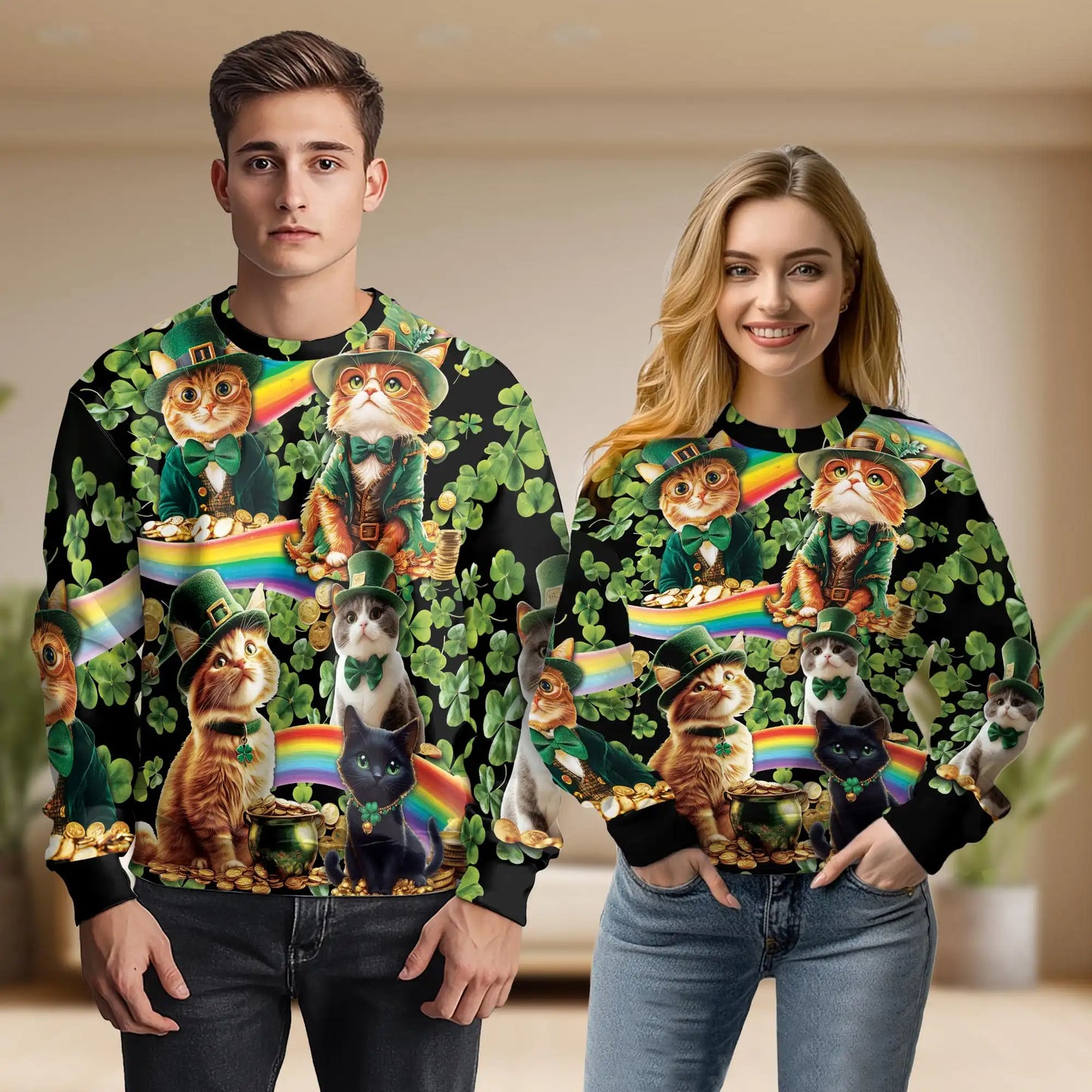 Saint Patrick's Day Cats Shamrocks Sweatshirt – Colorful Graphic 3D All Over Print Design