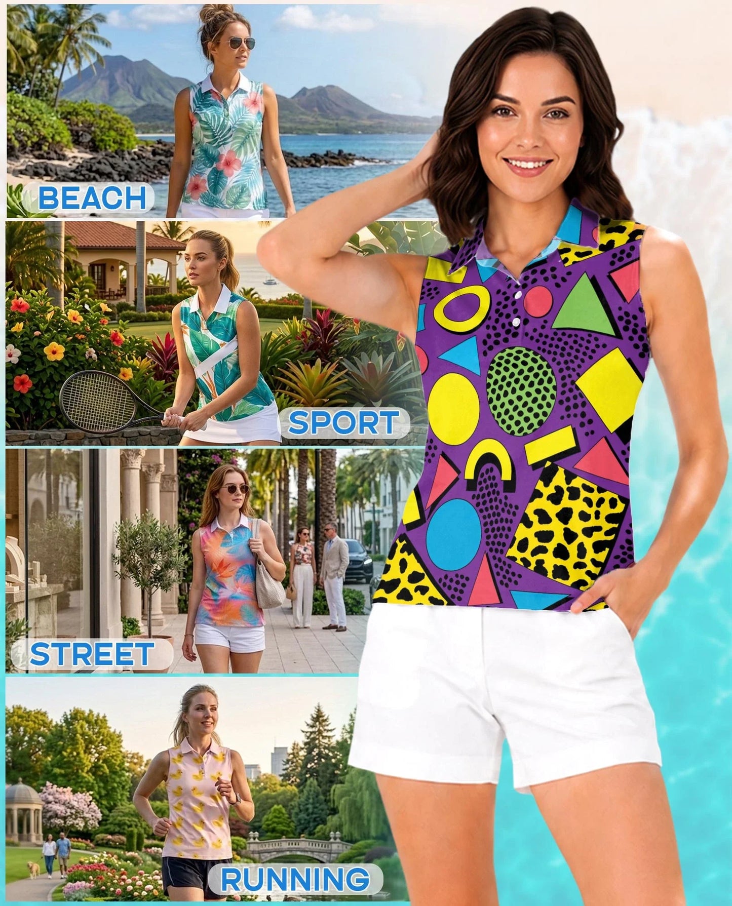 Retro Abstract Shapes Pattern Sleeveless Polo Shirt for Women | Azhawaiian