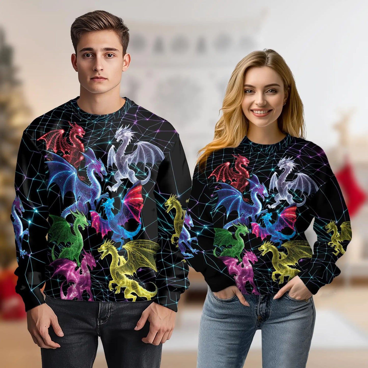 Neon Dragon Pattern Sweatshirt – Colorful Graphic 3D All Over Print Design