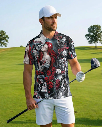 Day of the Dead Sugar Skull Polo Shirt for Men, Gothic Skeleton Roses | Azhawaiian