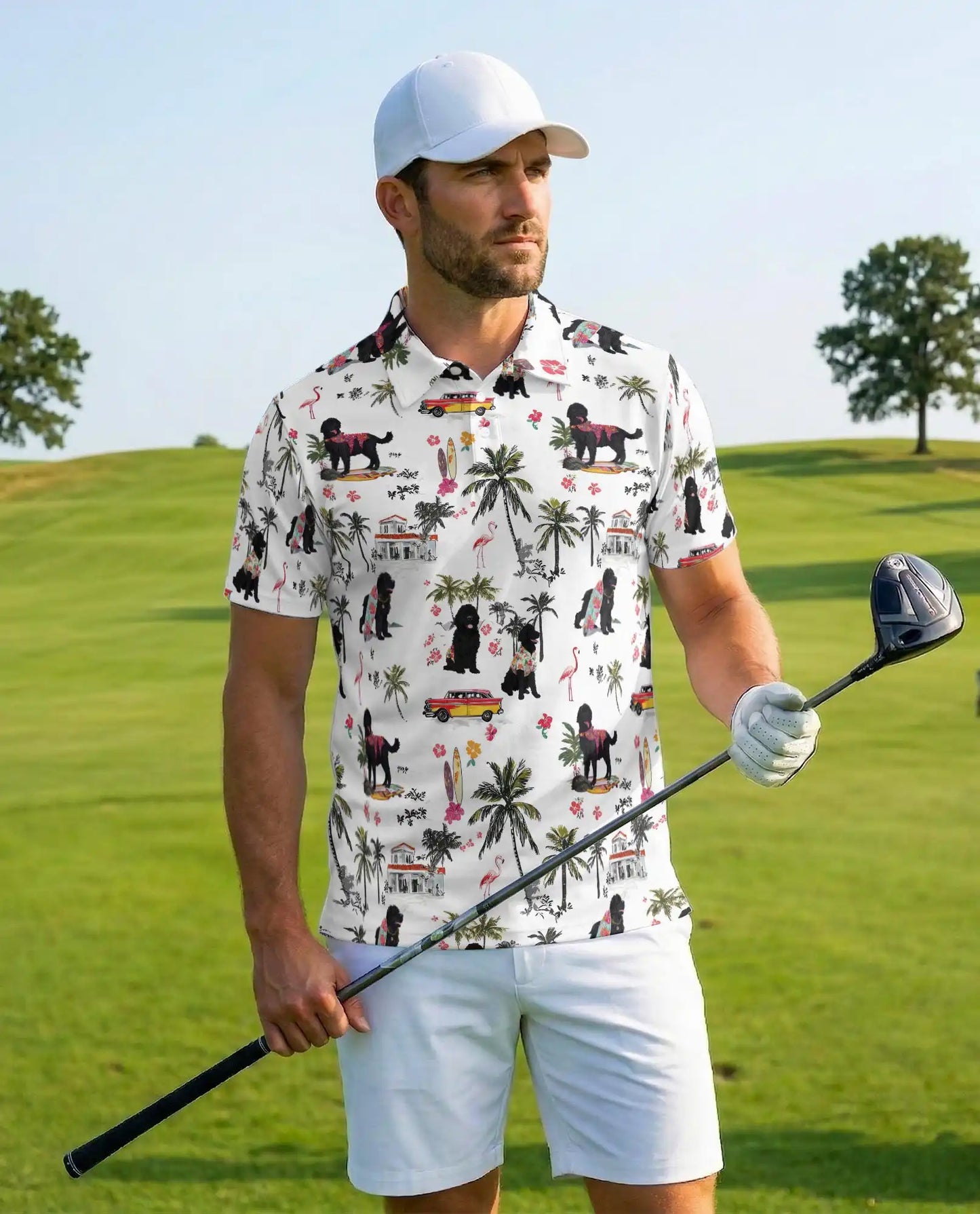 Black Poodle Tropical Beach Polo Shirt for Men- Print Hawaiian Dog  | Azhawaiian