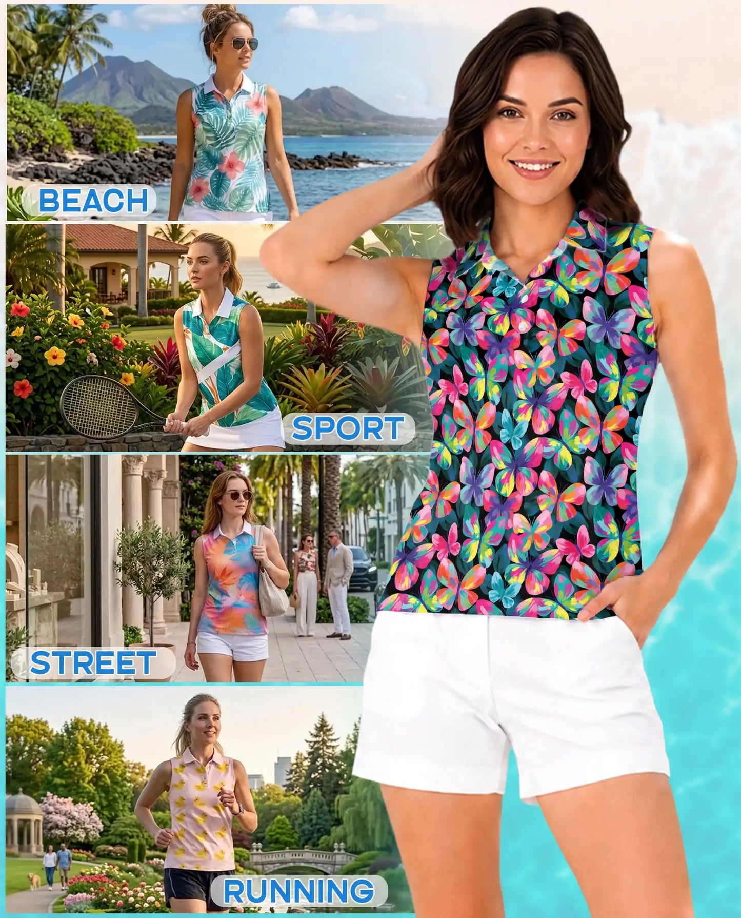 Vibrant Butterfly Pattern Sleeveless Polo Shirt for Women | Azhawaiian