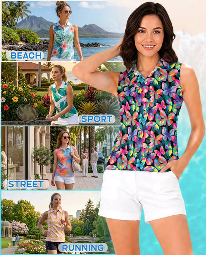 Vibrant Butterfly Pattern Sleeveless Polo Shirt for Women | Azhawaiian
