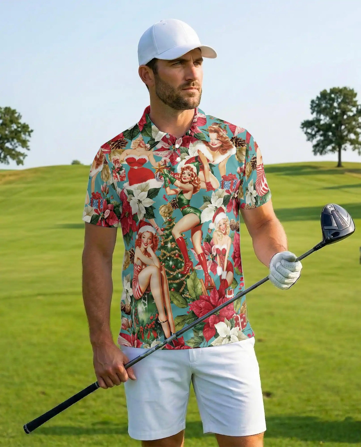 Vintage Christmas Pin Up Girl 3D Polo Shirt for Men, Retro Holiday Style | Azhawaiian