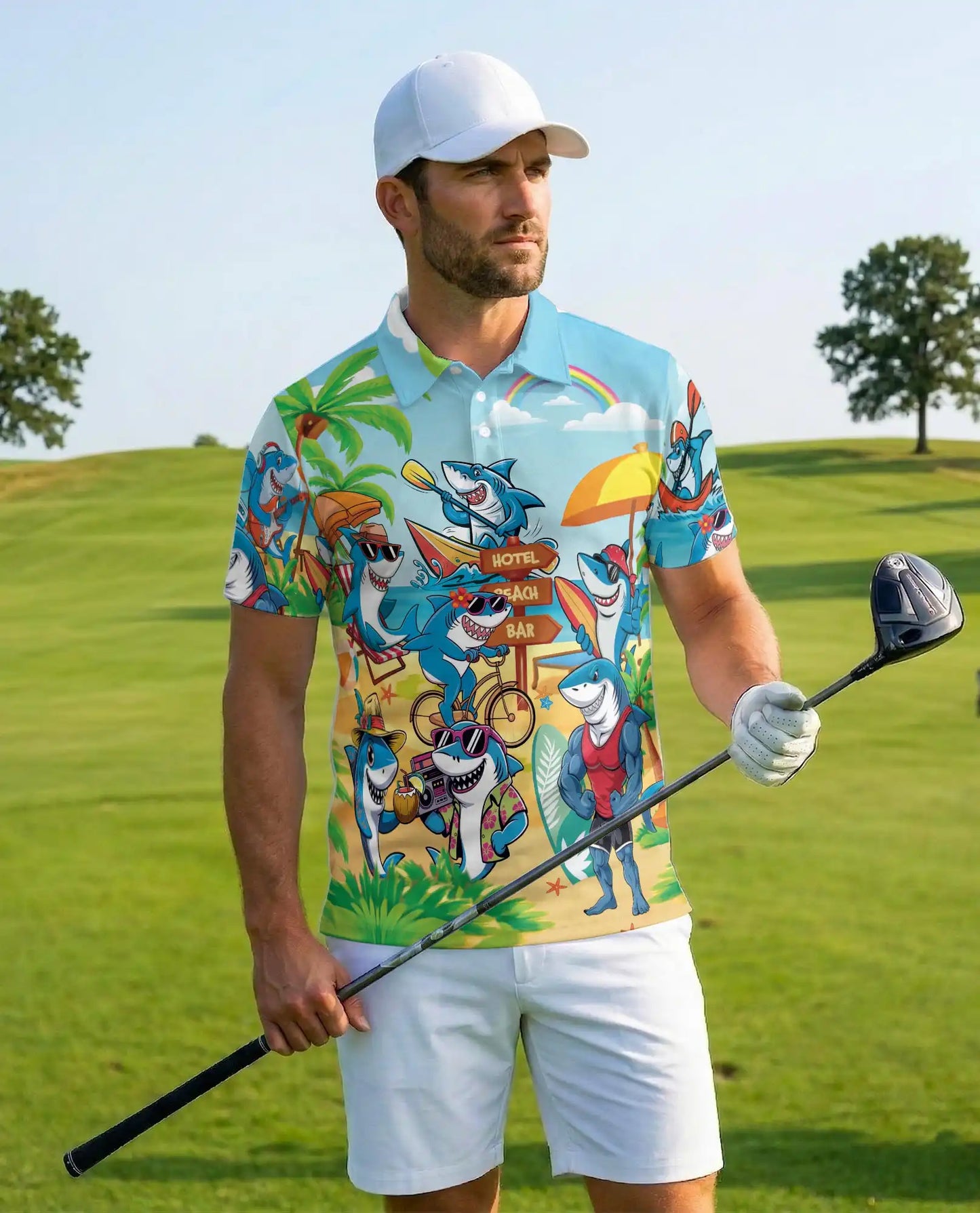 Beach Shark Polo Shirt for Men, Fun Vacation Style | Azhawaiian