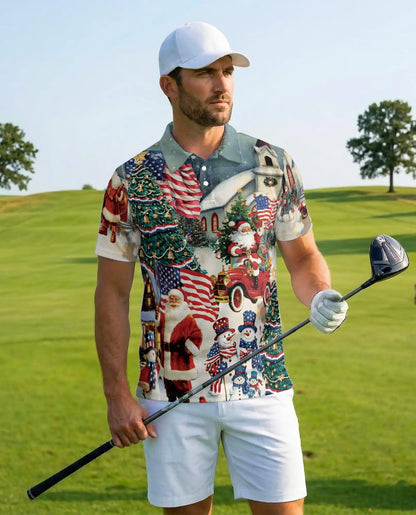 Patriotic Christmas Polo Shirt, Santa and American Flag Print | Azhawaiian