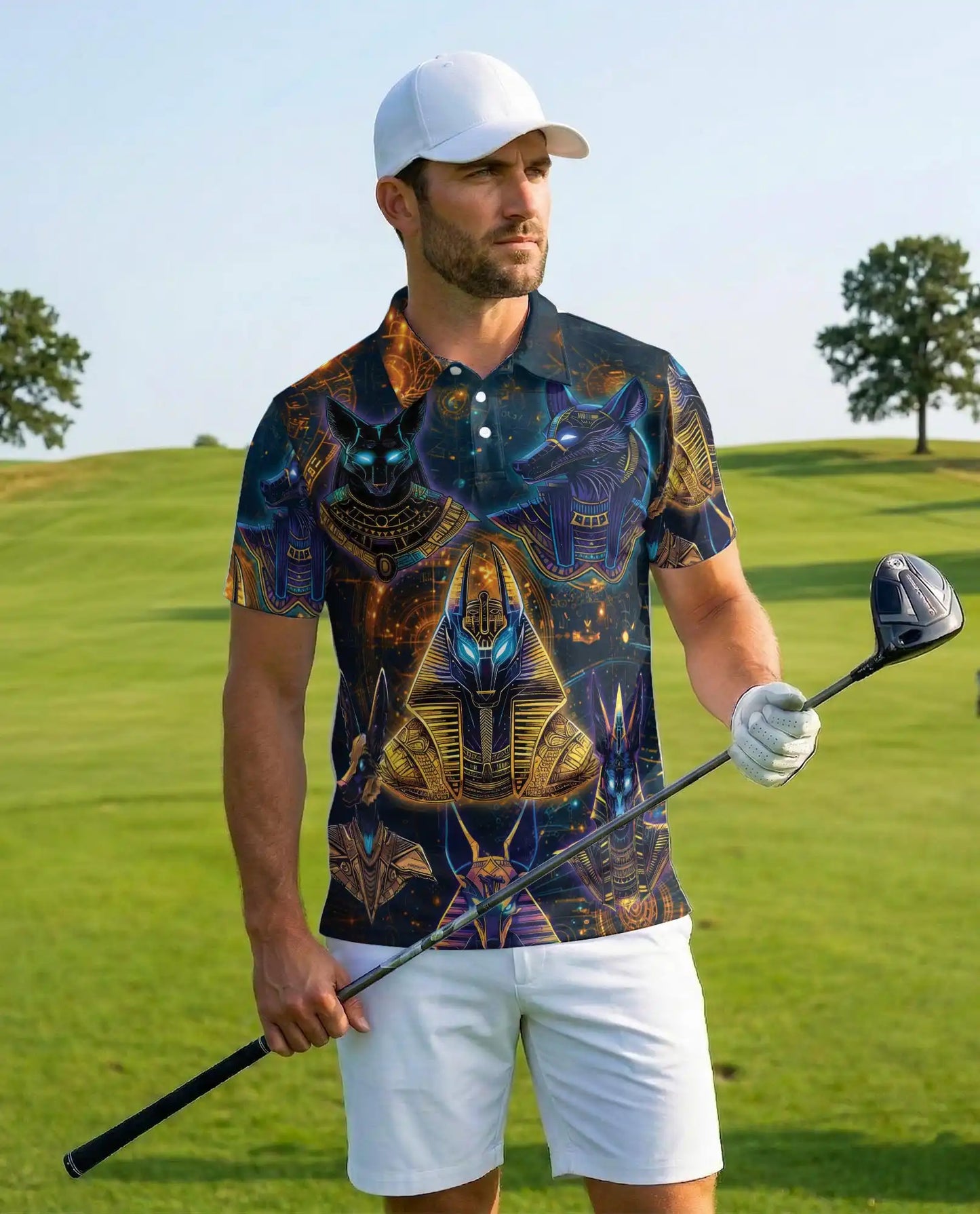 Anubis Pharaoh Polo Shirt for Men, Egyptian Mythology Style | Azhawaiian
