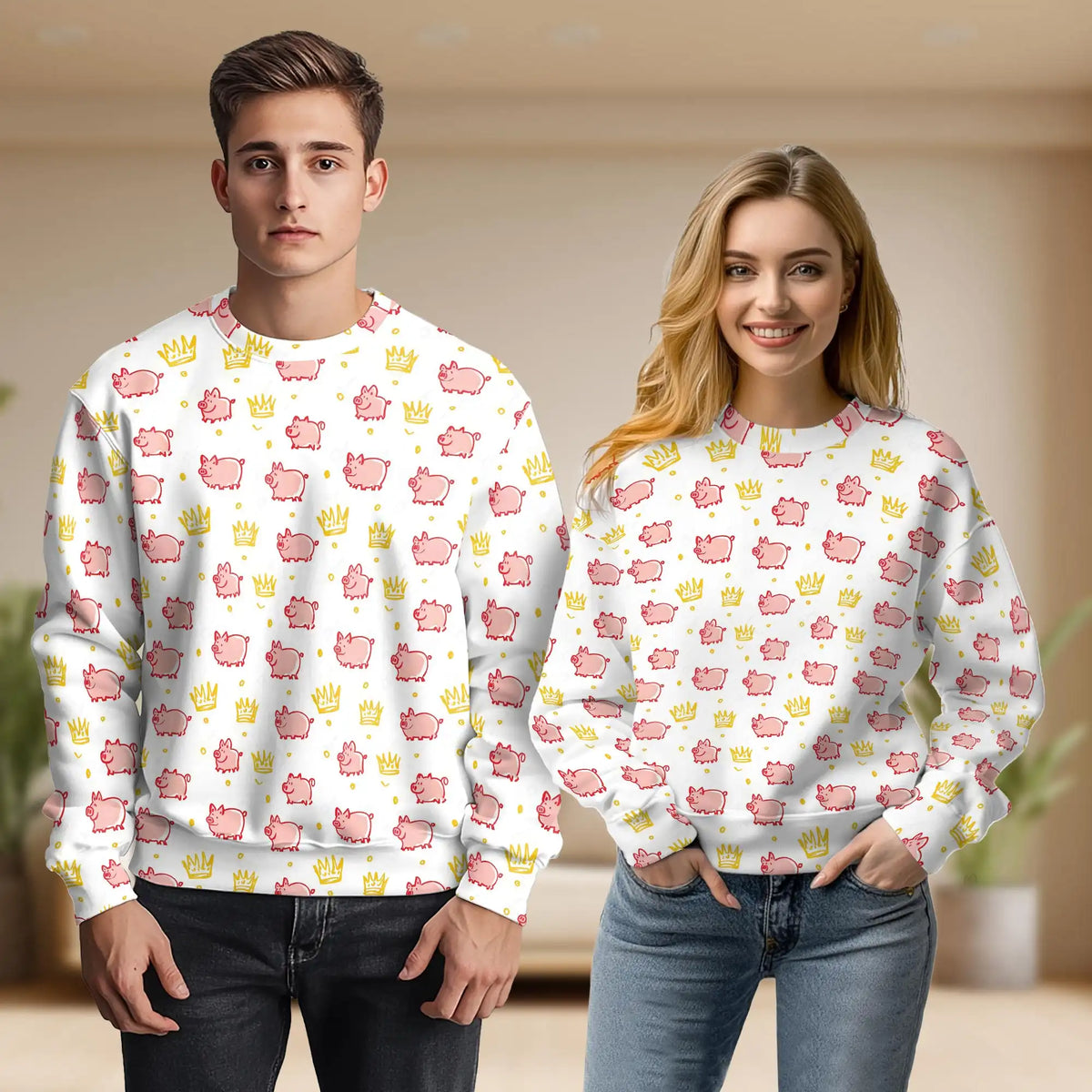 Cute Pig and Crown Sweatshirt – Colorful Graphic 3D All Over Print Design