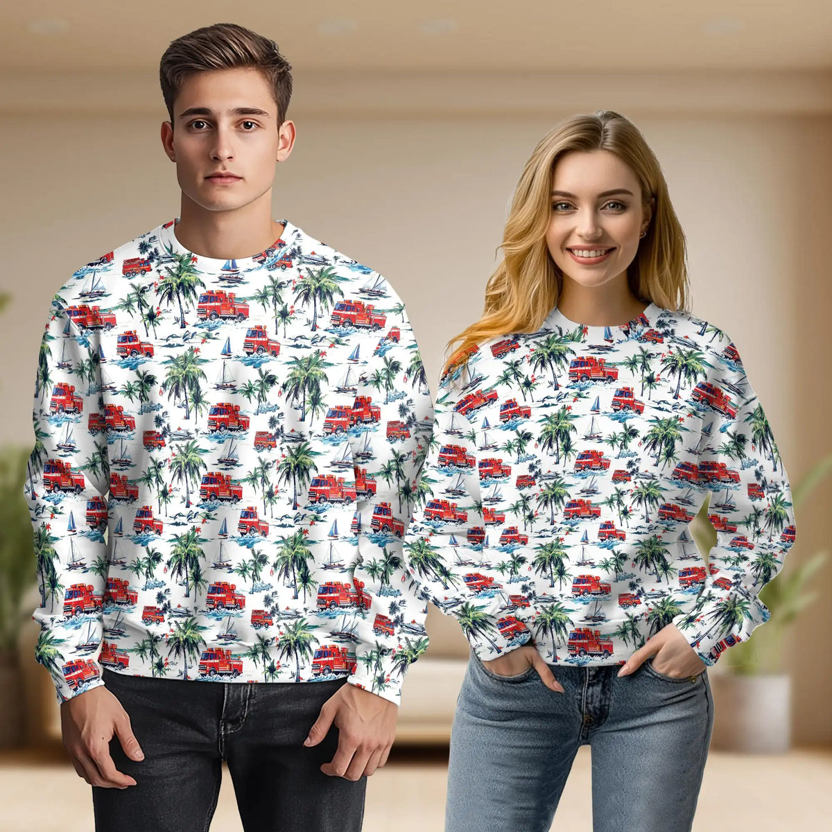 Firefighter Palm Tree Pattern Sweatshirt – Tropical 3D All Over Print Design
