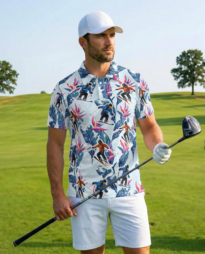 Tropical Skiing Polo Shirt for Men, Winter Adventure Pattern | Azhawaiian