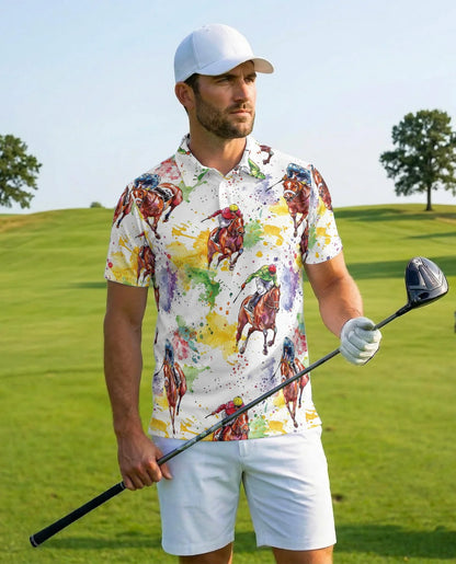 Horse Racing Pattern Polo Shirt for Men, Equestrian Sport Style | Azhawaiian