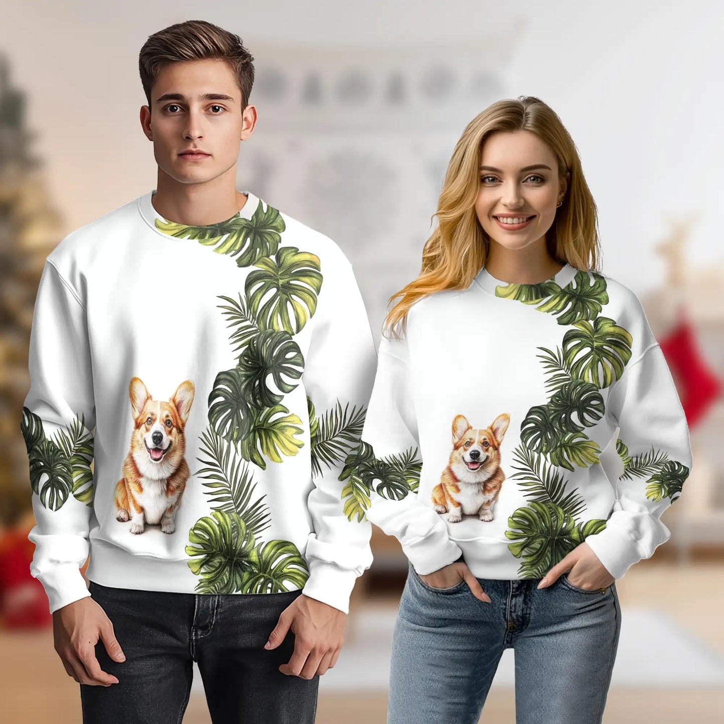 Corgi Monstera Leaves Sweatshirt – Tropical 3D All Over Print Design
