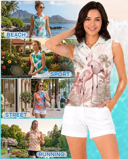 Art Flamingo Sleeveless Polo Shirt for Women, Colorful Tropical Style | Azhawaiian