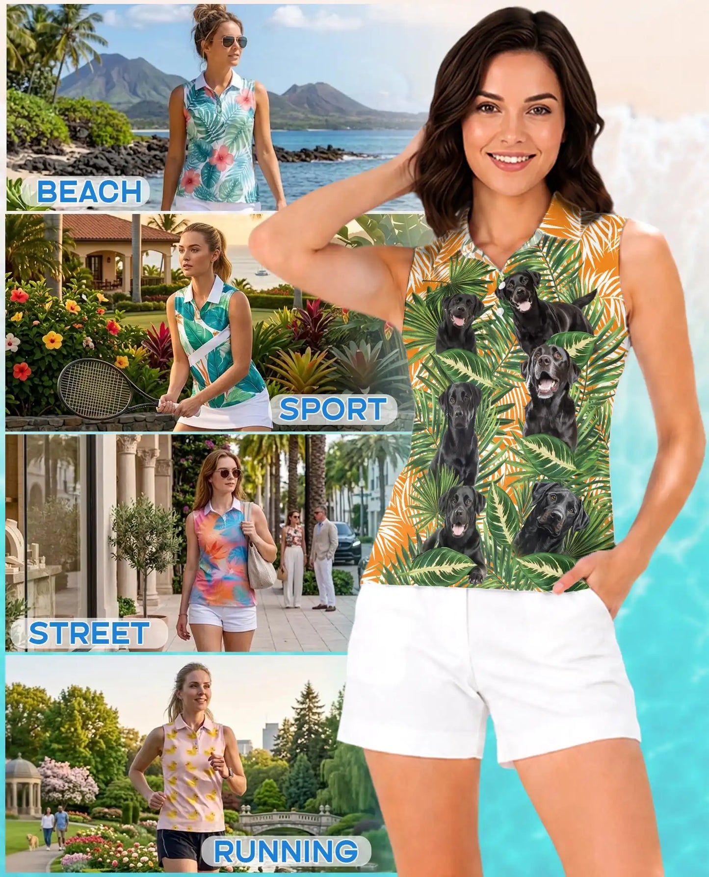 Black Labrador Tropical Sleeveless Polo Shirt for Women, Cute Dog Summer Style | Azhawaiian