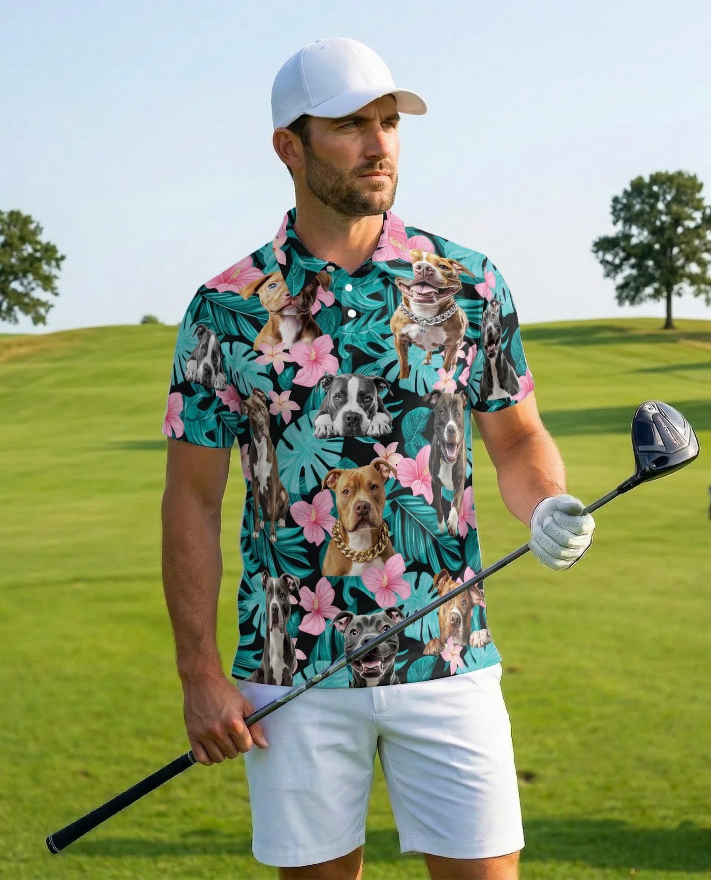 Pitbull Hibiscus Tropical Polo Shirt for Men, Dog Island Style | Azhawaiian