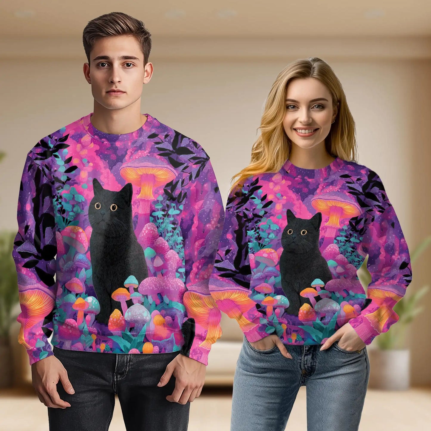 Psychedelic Black Cat Mushroom Sweatshirt – Colorful Graphic 3D All Over Print Design