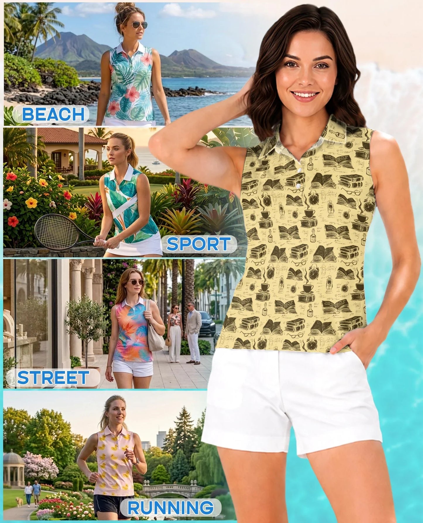 Book Pattern Sleeveless Polo Shirt for Women | Azhawaiian