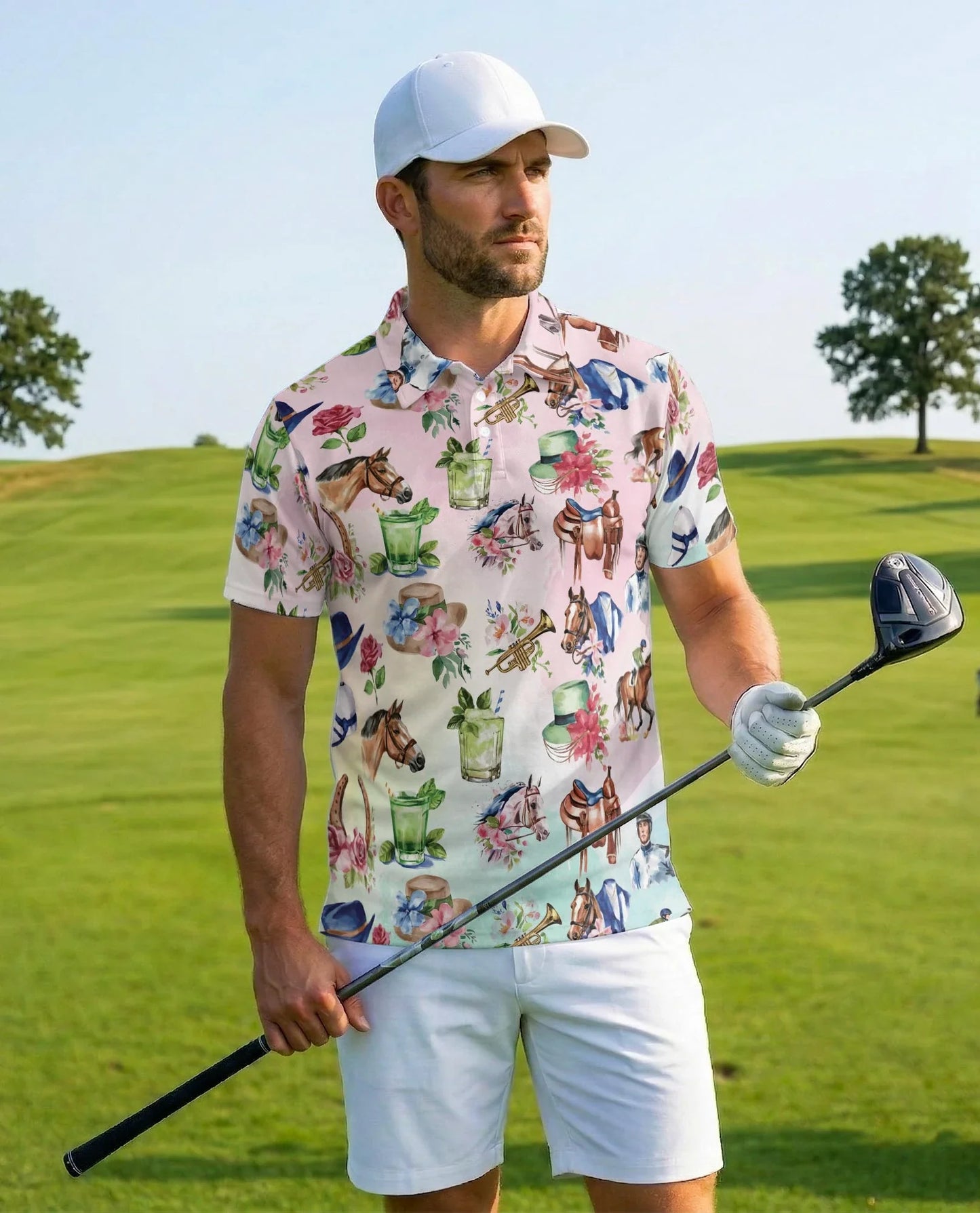 Horse Racing Cocktail Polo Shirt for Men, Equestrian Party Style | Azhawaiian