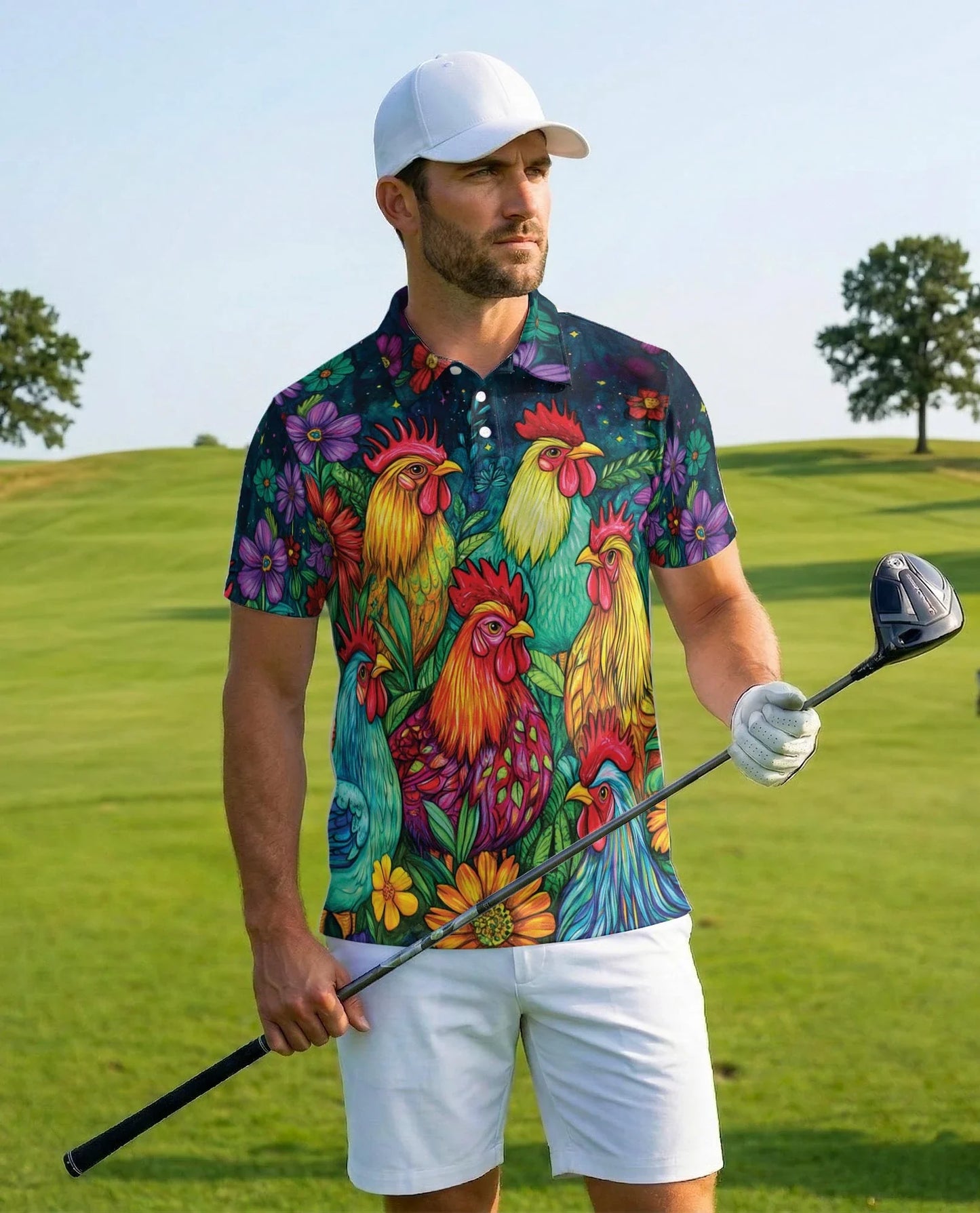 Vibrant Neon Rooster Polo Shirt for Men, Fantasy Art Style | Azhawaiian