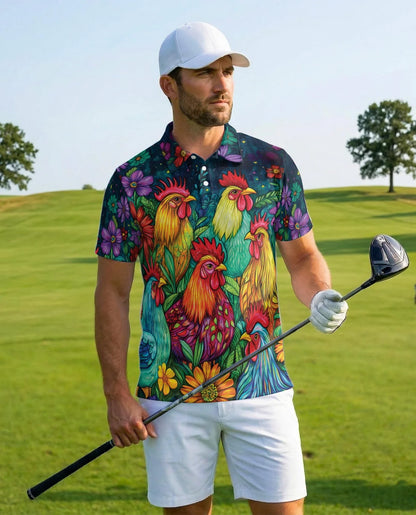 Vibrant Neon Rooster Polo Shirt for Men, Fantasy Art Style | Azhawaiian