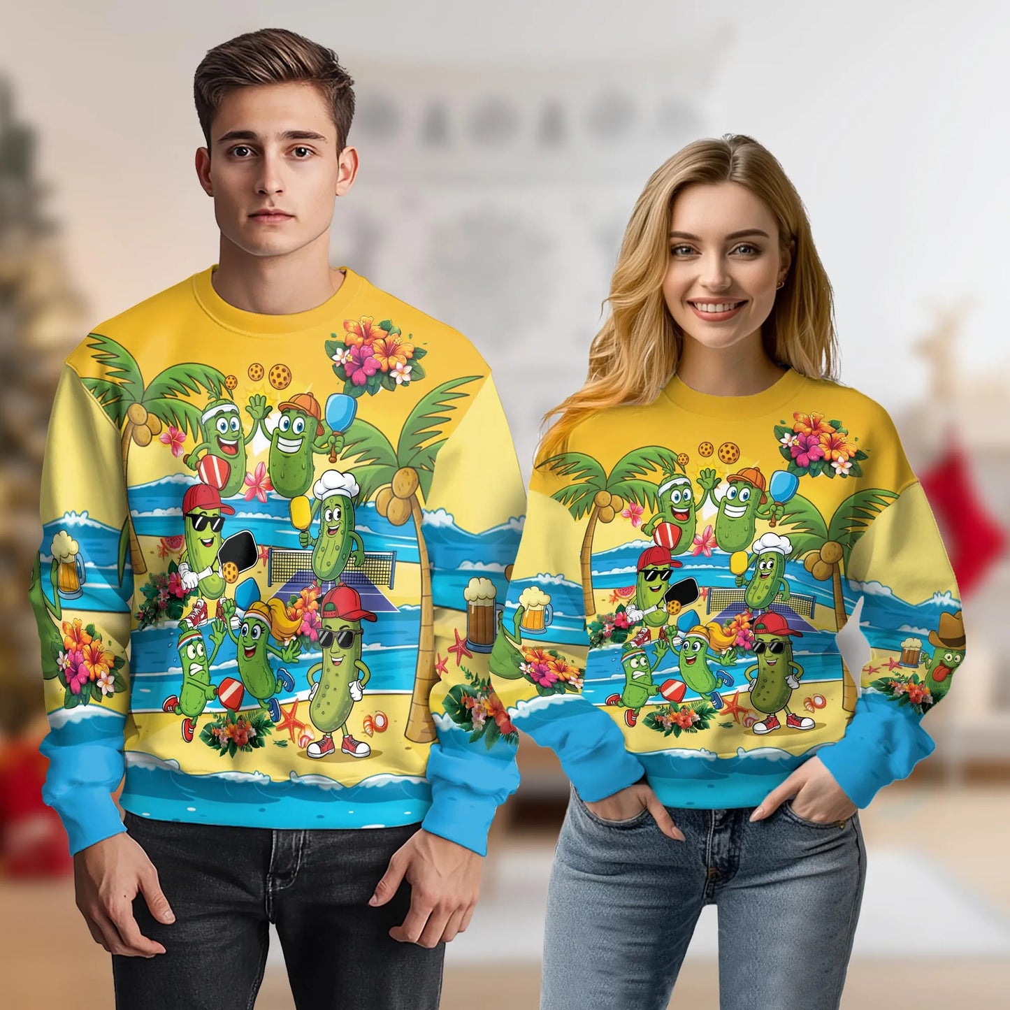 Pickleball Cartoons on the Beach Sweatshirt – Colorful Graphic 3D All Over Print Design