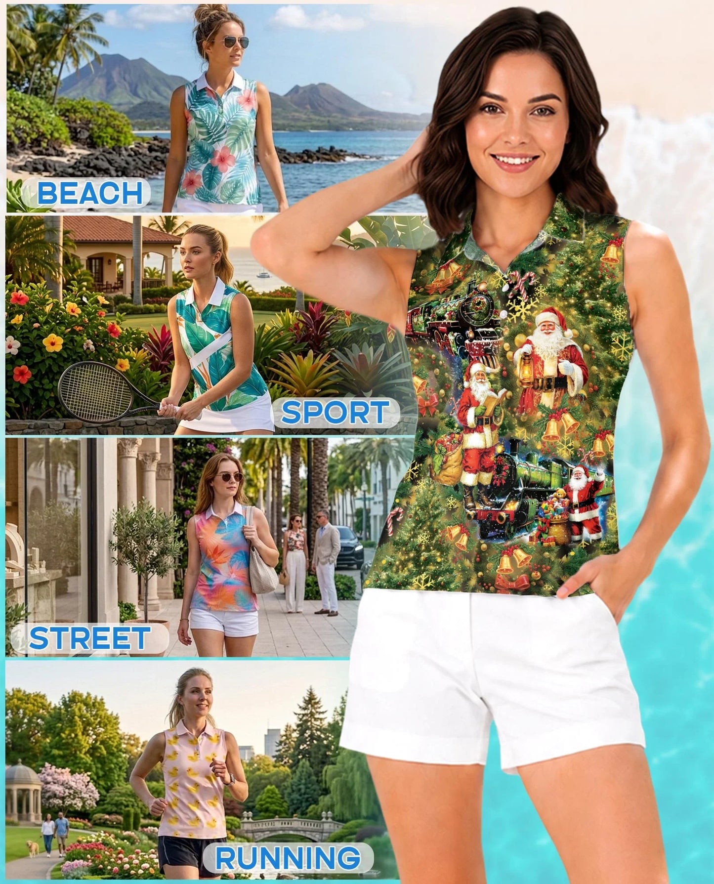Vintage Santa Claus Sleeveless Polo Shirt for Women | Azhawaiian