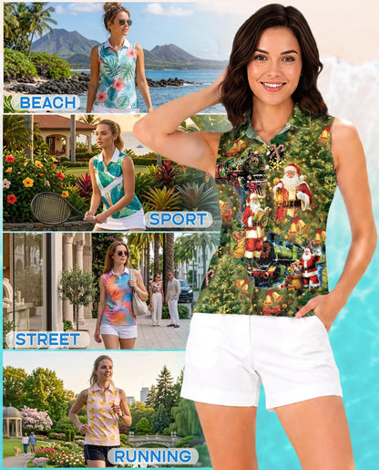 Vintage Santa Claus Sleeveless Polo Shirt for Women | Azhawaiian