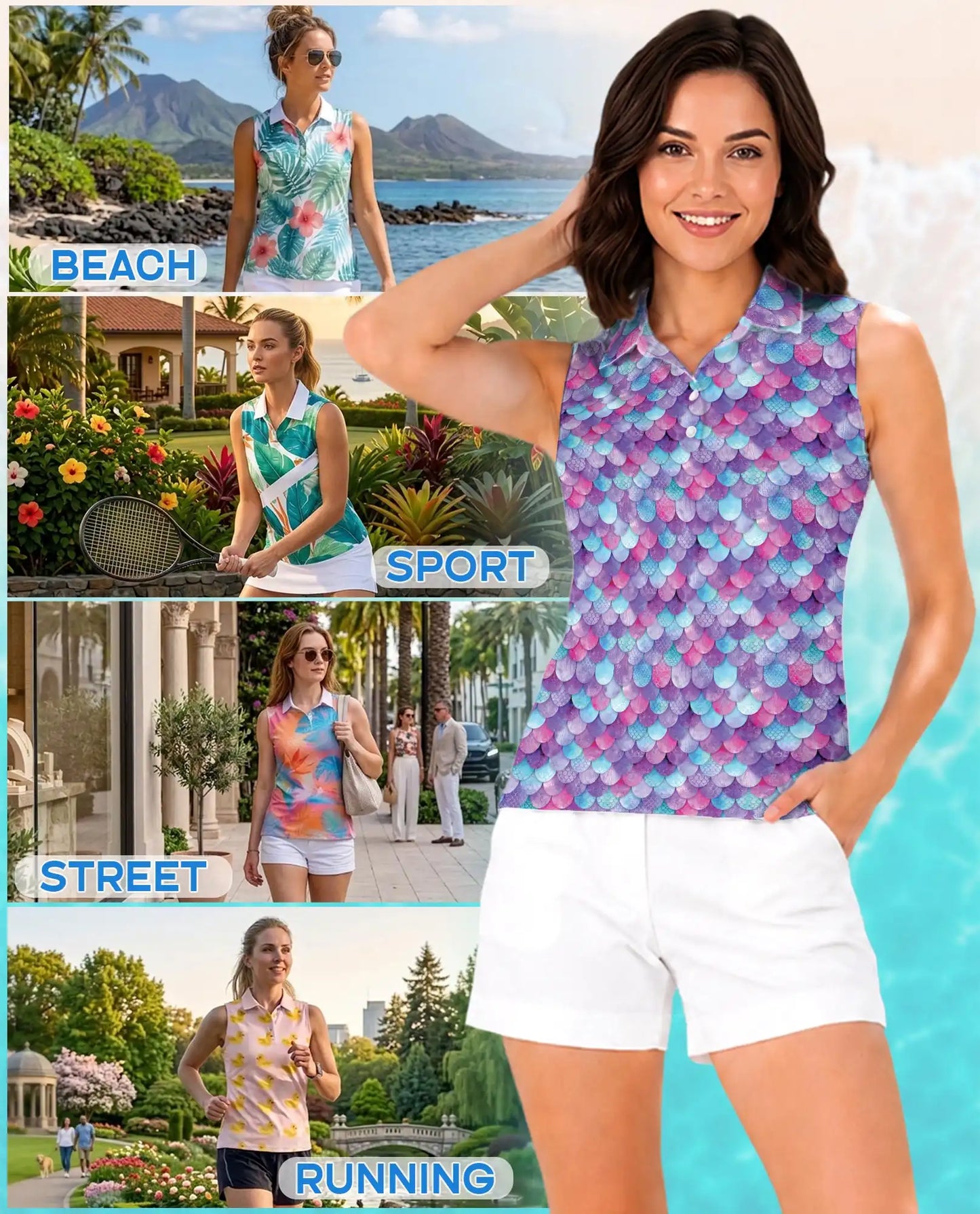 Colorful Fish Scale Pattern Sleeveless Polo Shirt for Women | Azhawaiian