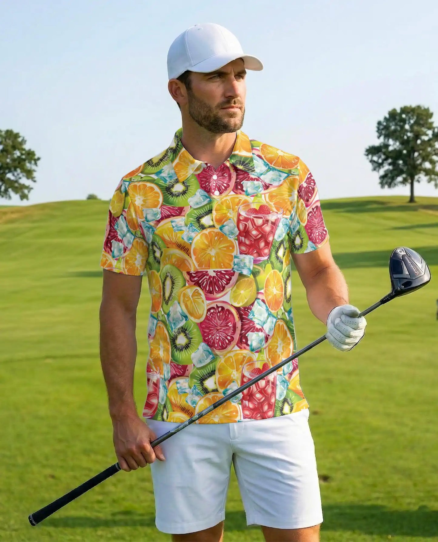 Tropical Citrus Fruit Cocktail Polo Shirt for Men-Orange Kiwi Shirt | Azhawaiian