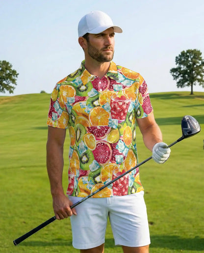 Tropical Citrus Fruit Cocktail Polo Shirt for Men-Orange Kiwi Shirt | Azhawaiian