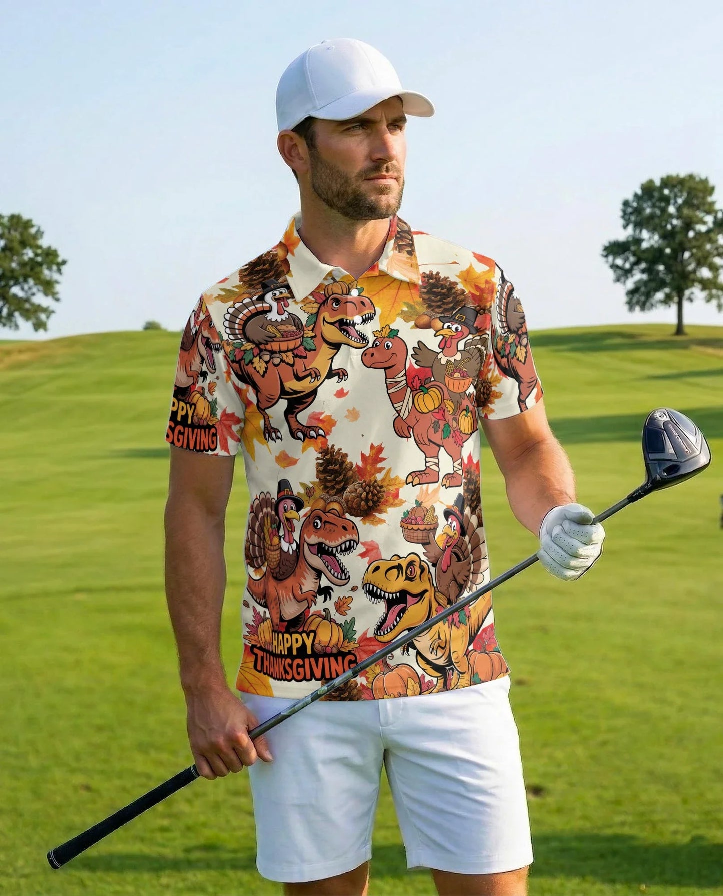 Thanksgiving Dinosaur Turkey Polo Shirt for Men, Funny Holiday Style | Azhawaiian