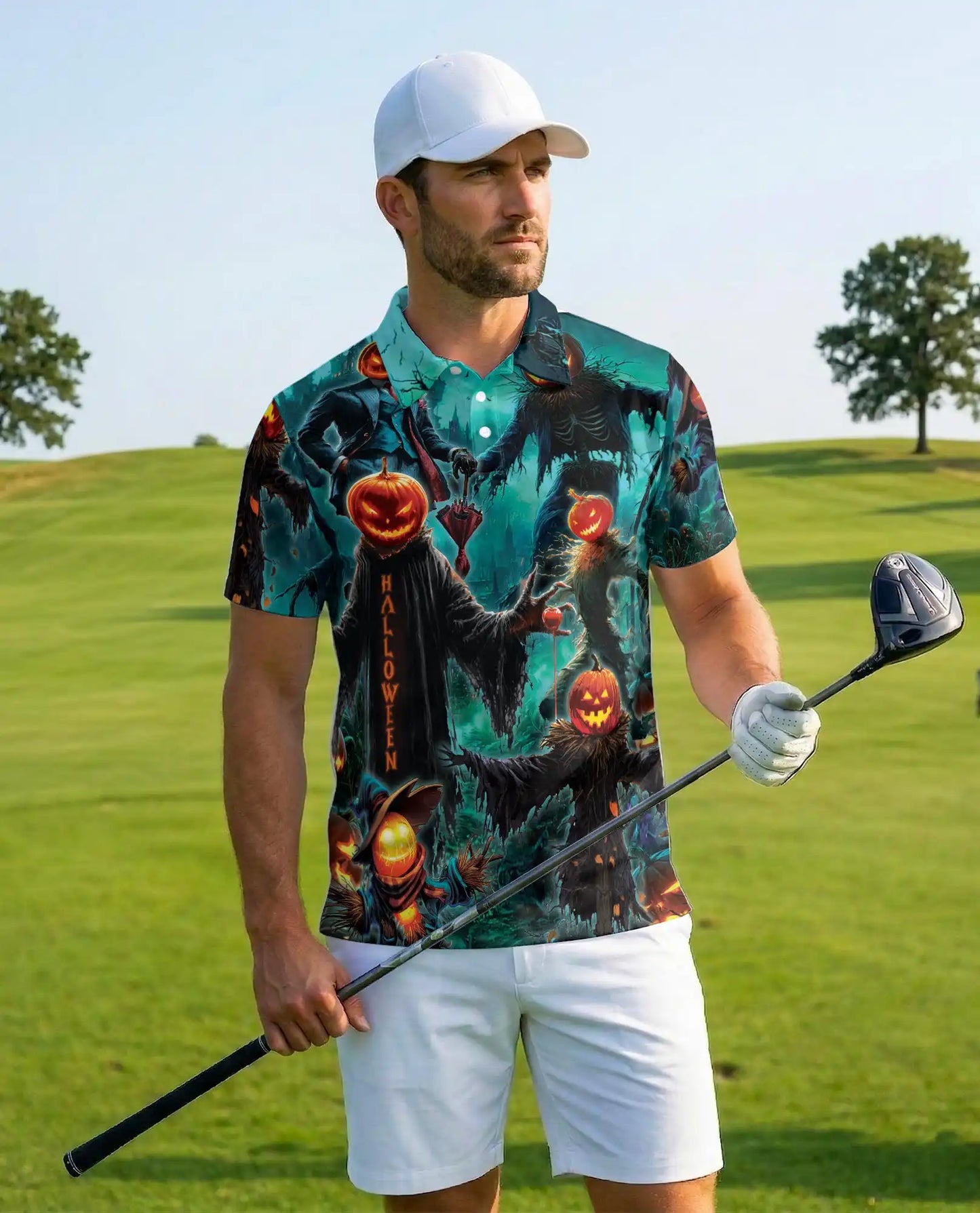 Pumpkin Scarecrow Halloween Polo Shirt - Spooky Horror Harvest Style | Azhawaiian