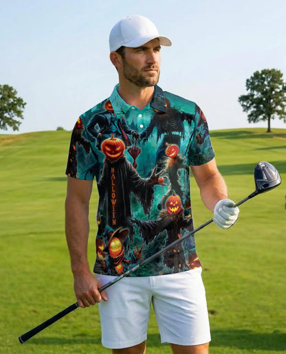Pumpkin Scarecrow Halloween Polo Shirt - Spooky Horror Harvest Style | Azhawaiian
