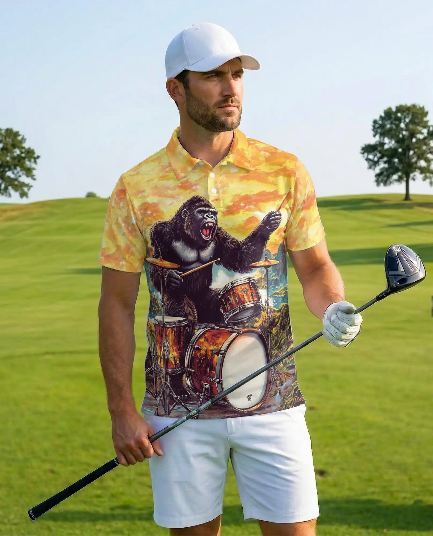 Gorilla Drummer Polo Shirt, Funny Music Style | Azhawaiian