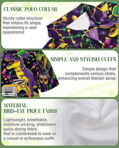 Mardi Grawr Dinosaur Polo Shirt for Men-Funny Mardi Gras T Rex Carnival Party Shirt | Azhawaiian