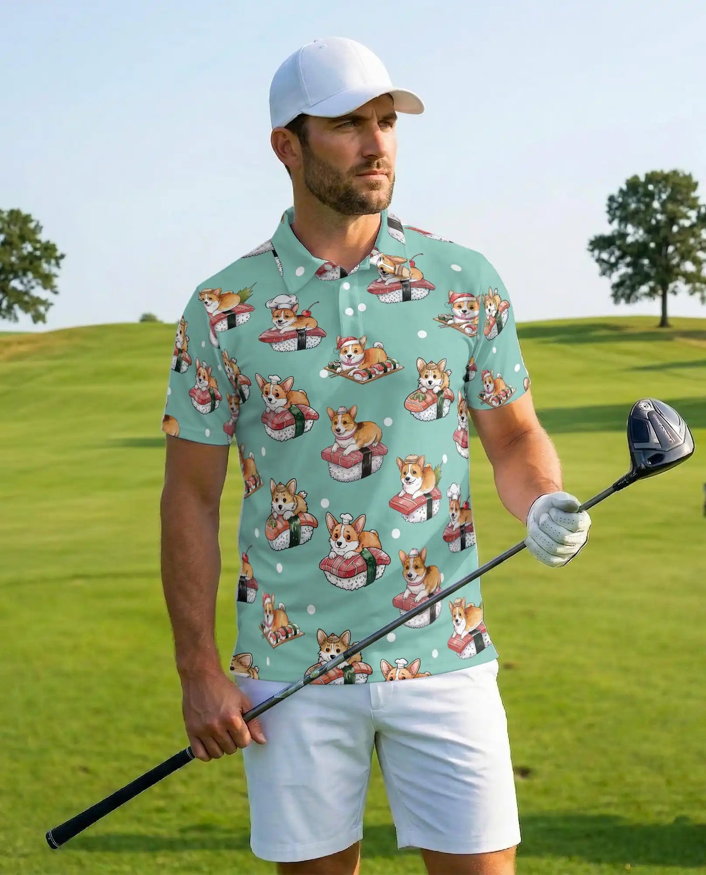 Cute Corgi Sushi Polo Shirt for Men - Funny Japanese Food | Azhawaiian