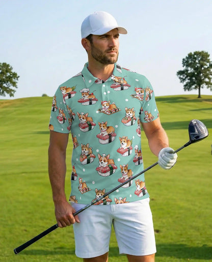 Cute Corgi Sushi Polo Shirt for Men - Funny Japanese Food | Azhawaiian