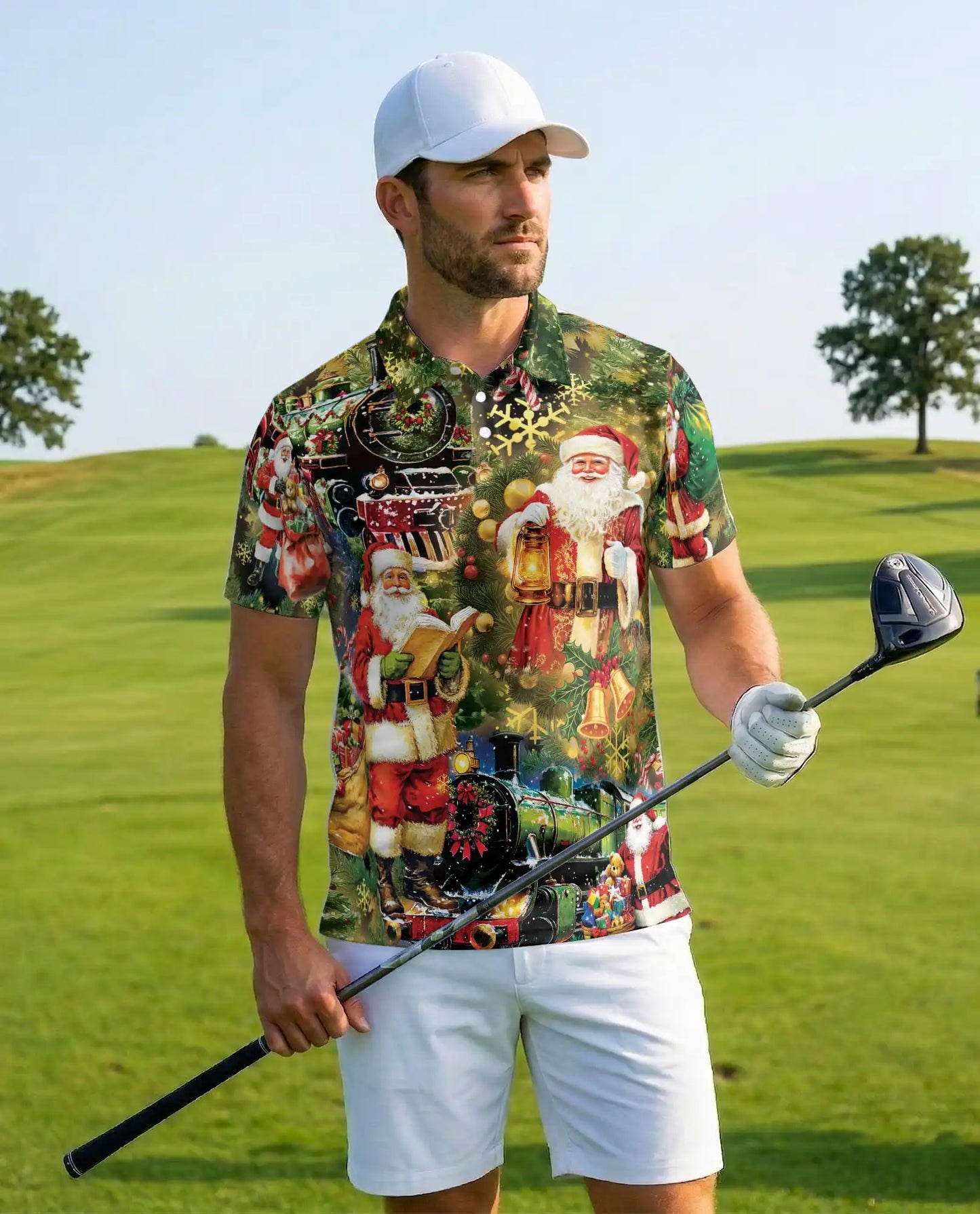 Christmas Train Santa 3D Polo Shirt for Men, Vintage Holiday Winter Style | Azhawaiian