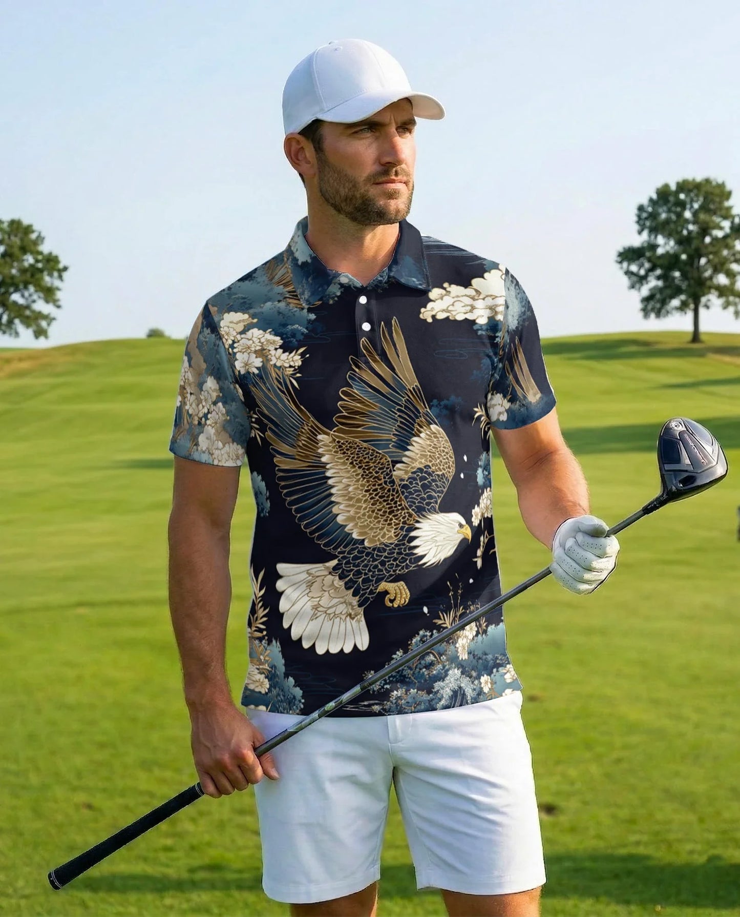 Japanese Eagle Polo Shirt for Men, Traditional Bird Art Style | Azhawaiian