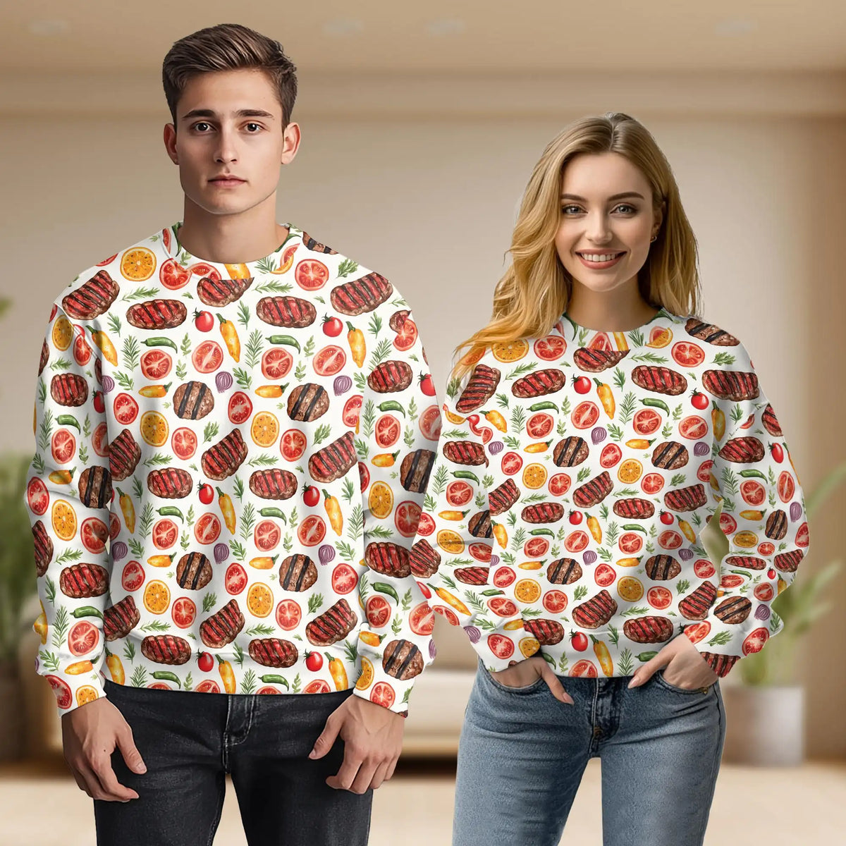 Grilled Steak and Vegetables Pattern Sweatshirt – Colorful Graphic 3D All Over Print Design