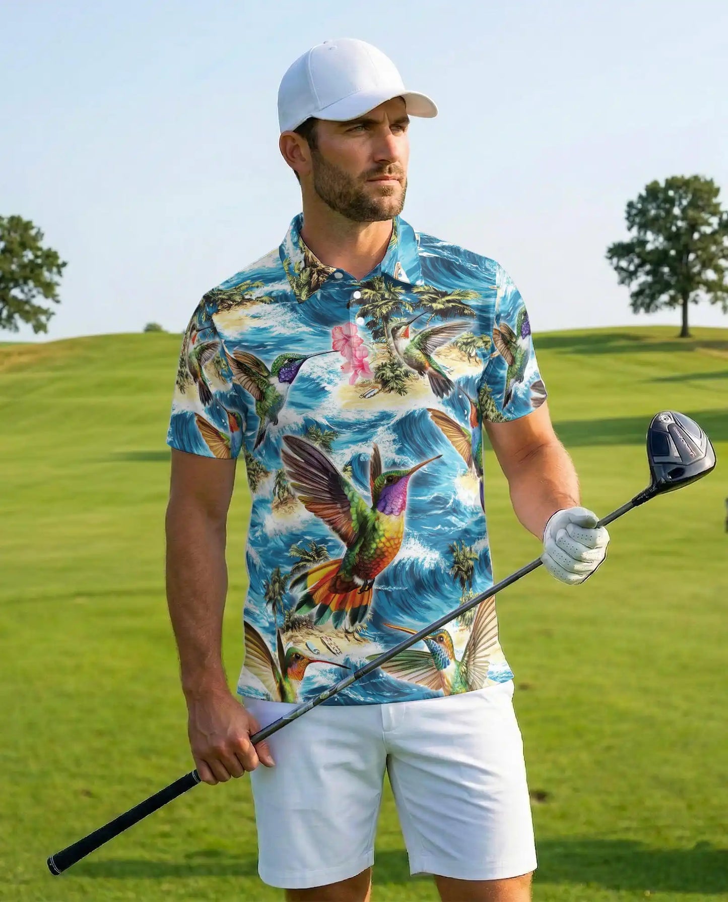 Hummingbird Tropical Polo Shirt, Ocean Wave Print | Azhawaiian