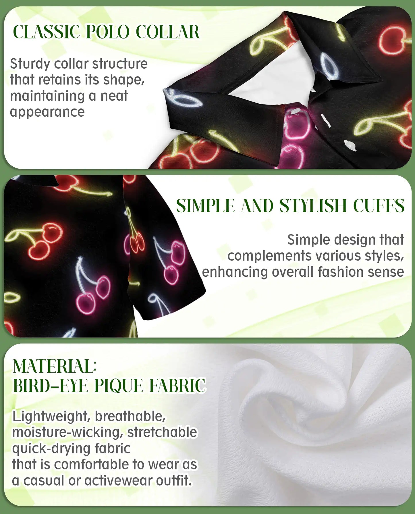 Neon Cherry Polo Shirt for Men- Retro Fruit Glow Aesthetic Shirt | Azhawaiian
