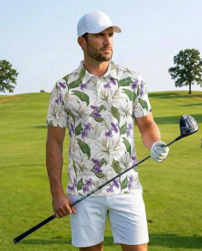 White Lily Polo Shirt for Men, Elegant Floral Style | Azhawaiian