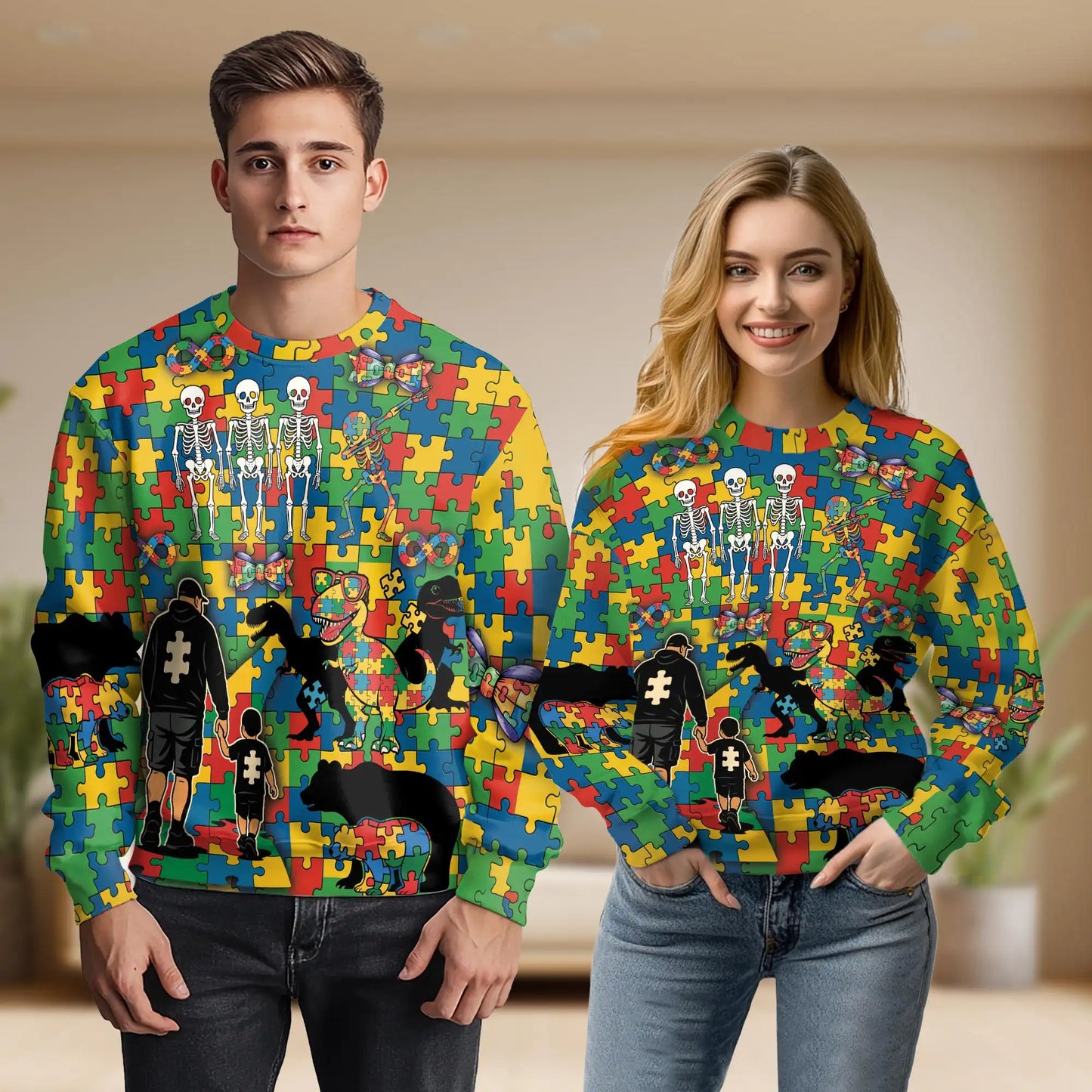Dad and Son Dinosaur Skeleton Puzzle Pieces Sweatshirt – Colorful Graphic 3D All Over Print Design