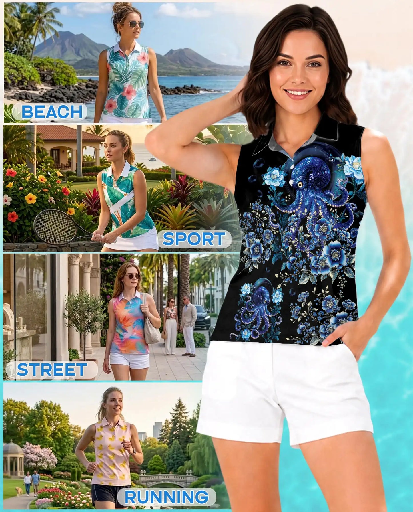 Blue Octopus Floral Sleeveless Polo Shirt for Women, Ocean Tropical Style | Azhawaiian
