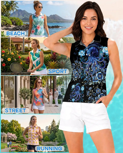 Blue Octopus Floral Sleeveless Polo Shirt for Women, Ocean Tropical Style | Azhawaiian