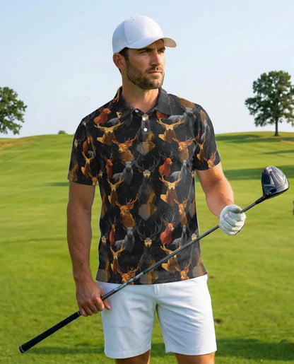 Geometric Deer Polo Shirt for Men, Modern Wildlife Style | Azhawaiian