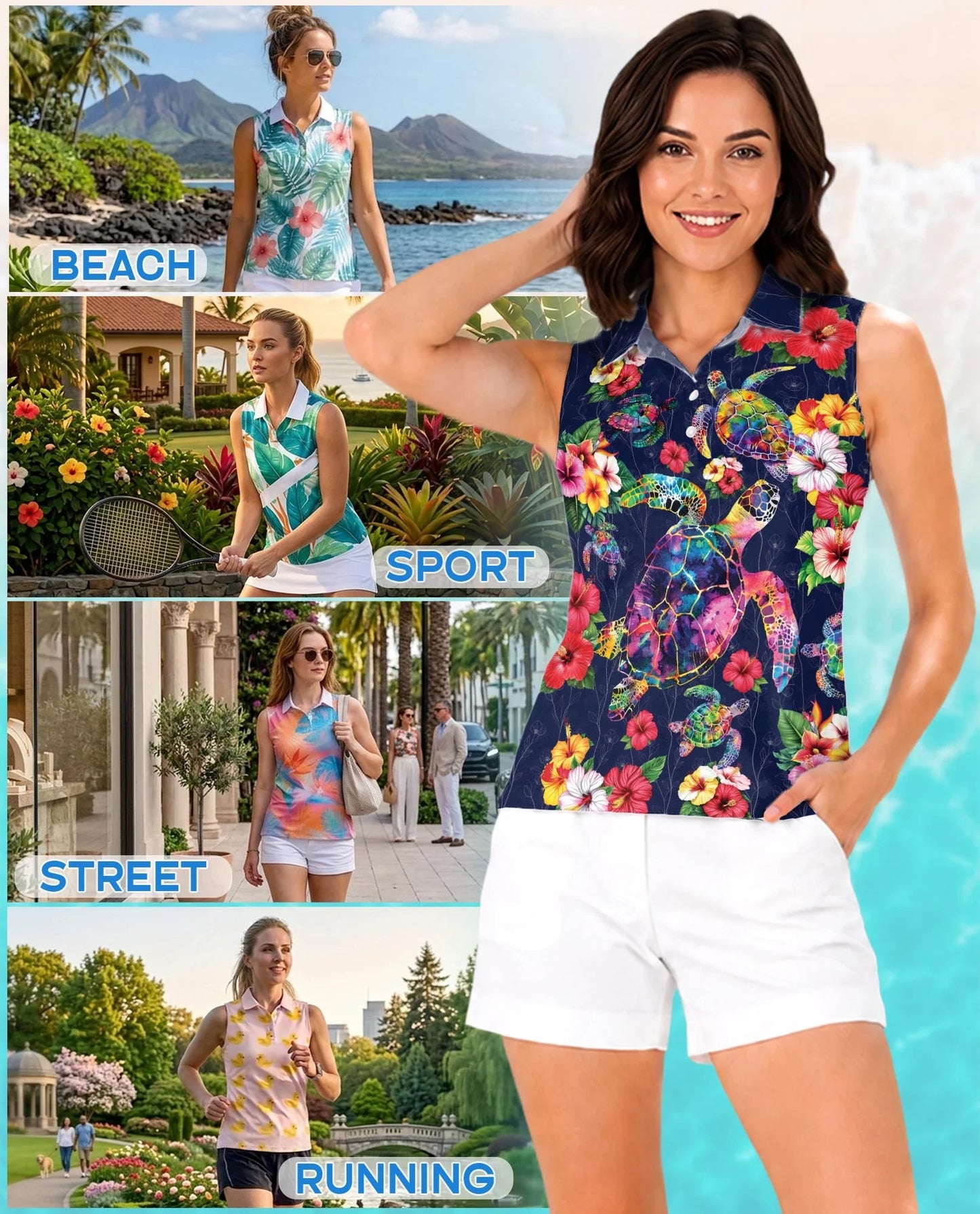 Turtle In Tropical Sleeveless Polo Shirt for Women, Ocean Island Style | Azhawaiian