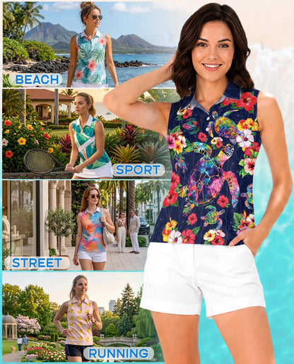 Turtle In Tropical Sleeveless Polo Shirt for Women, Ocean Island Style | Azhawaiian